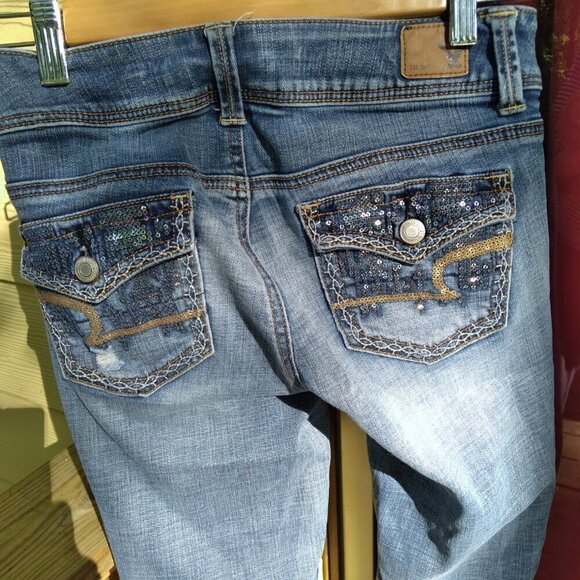 AEO Super Stretch Kickboot Jeans Back Buttoned Flap Sequined Pockets  Sz 00 - Picture 4 of 10